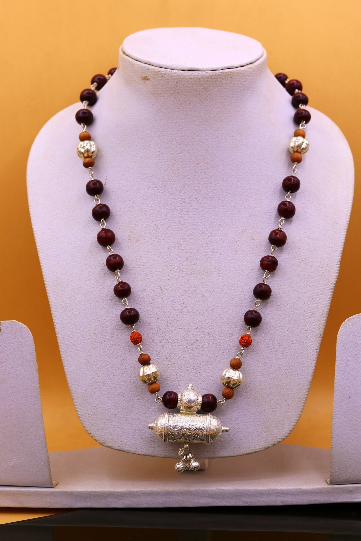 Vintage tribal pendant necklace with solid silver, sandalwood, Rudraksha beads, hanging bells, handcrafted jewelry by TRIBAL ORNAMENTS