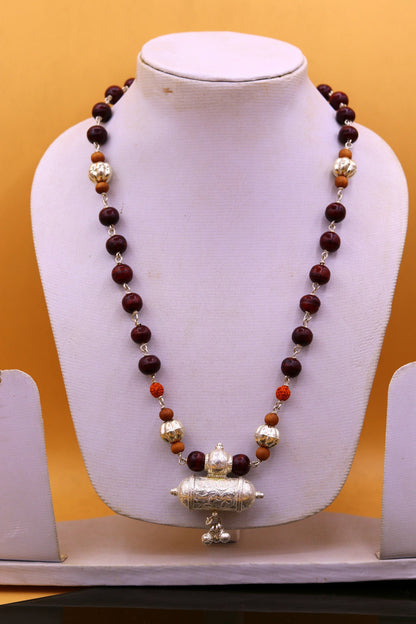 Vintage tribal pendant necklace with solid silver, sandalwood, Rudraksha beads, hanging bells, handcrafted jewelry by TRIBAL ORNAMENTS