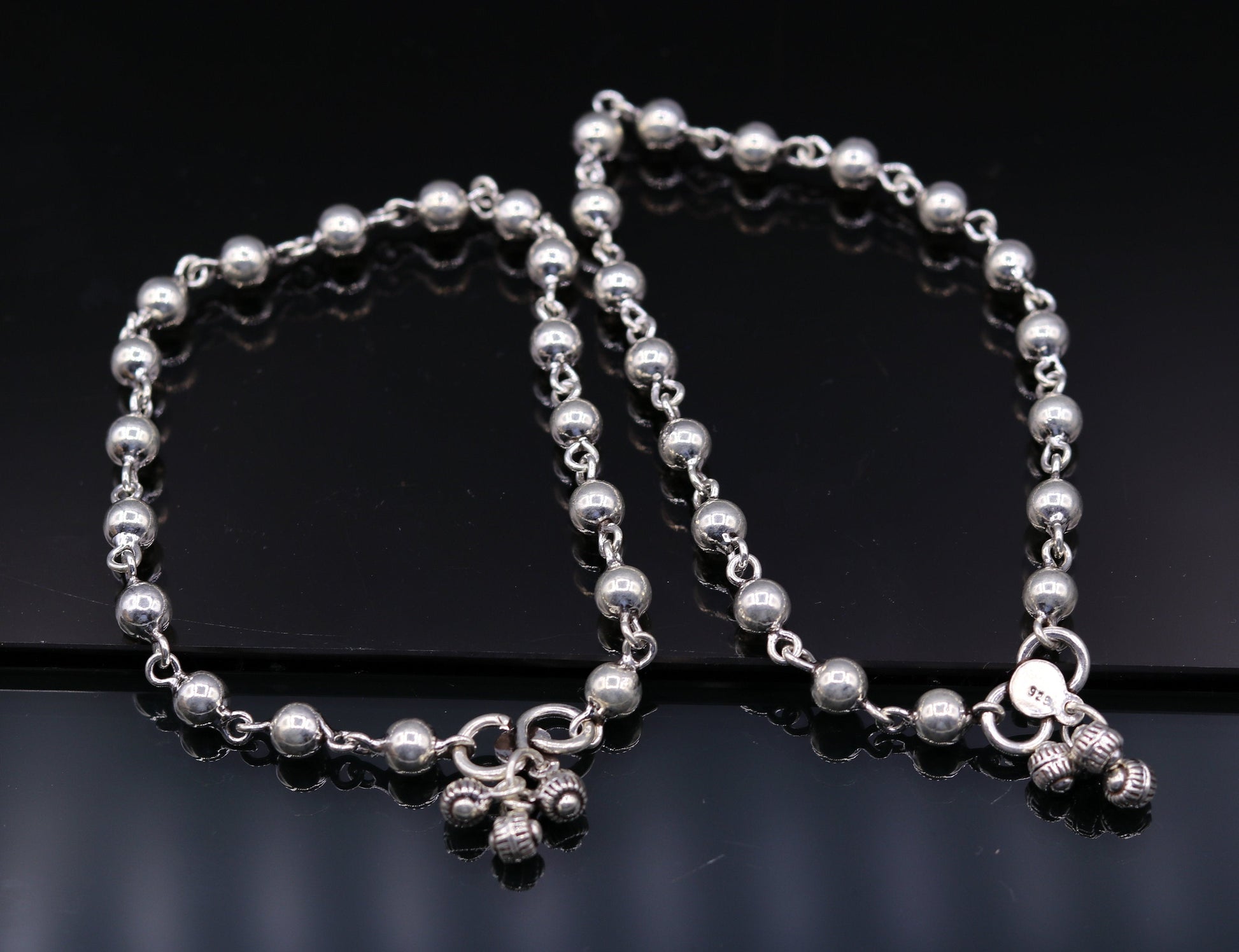 Vintage design Handcrafted 925 sterling silver anklet feet beads bracelet gorgeous hanging bells tribal wedding belly dance jewelry Ank26 - TRIBAL ORNAMENTS