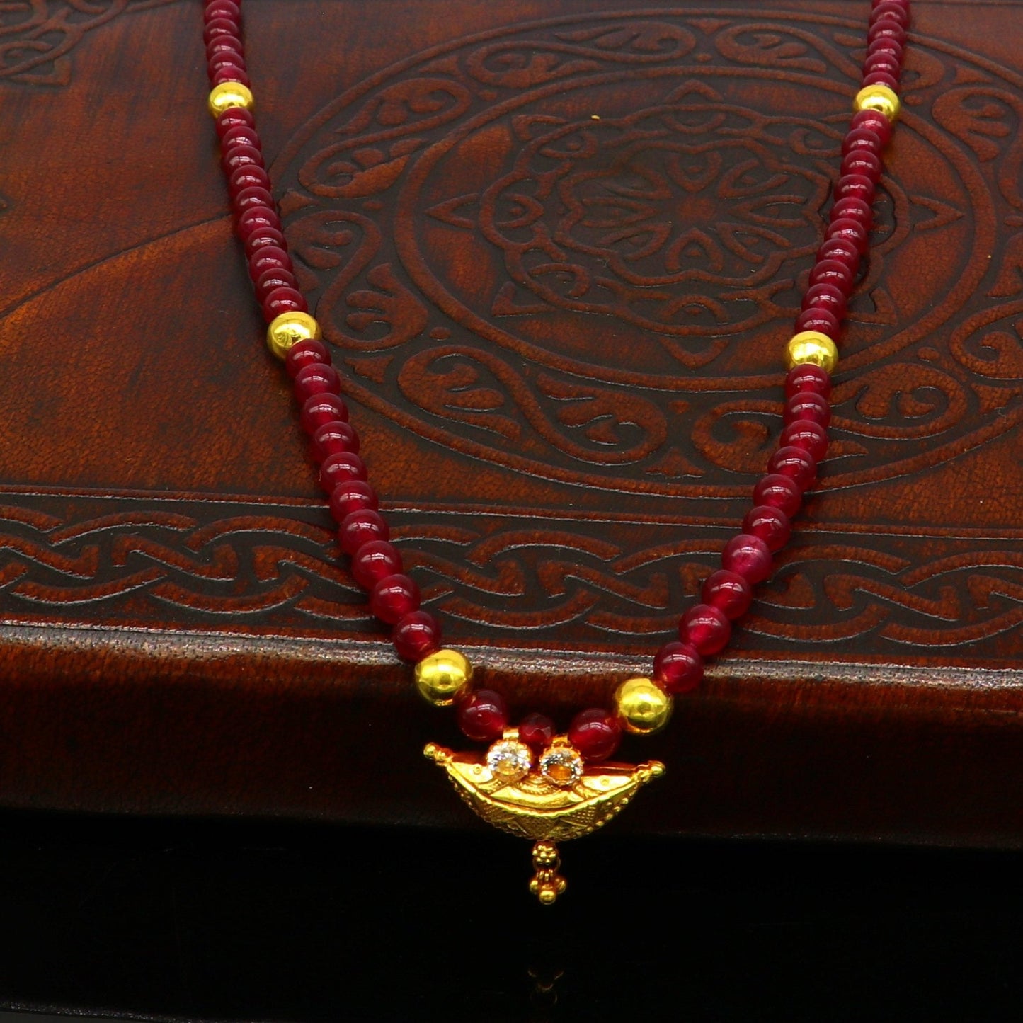 Vintage design handmade 20kt yellow gold amulet pendant with red color beaded necklace, fabulous girl's gift stylish tribal jewelry ap02 - TRIBAL ORNAMENTS