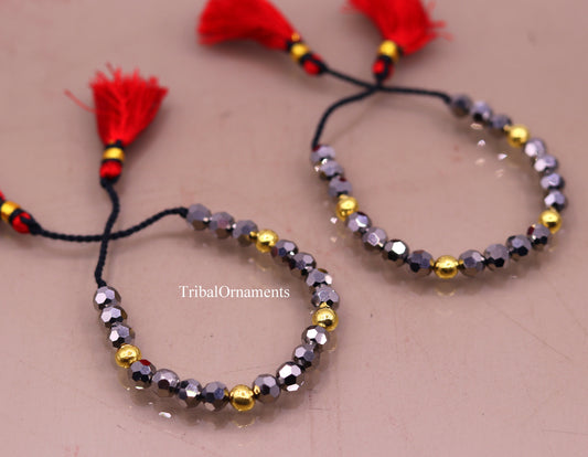 Vintage handmade 22kt yellow gold wax beads cuff bracelet with gray stone, ethnic Nazarmaniya jewelry, perfect gift for girls.