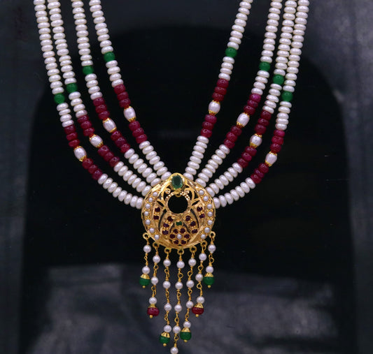 Vintage design handmade 22kt yellow gold fabulous necklace set with amazing hanging color beads, wedding party tribal jewelry india - TRIBAL ORNAMENTS