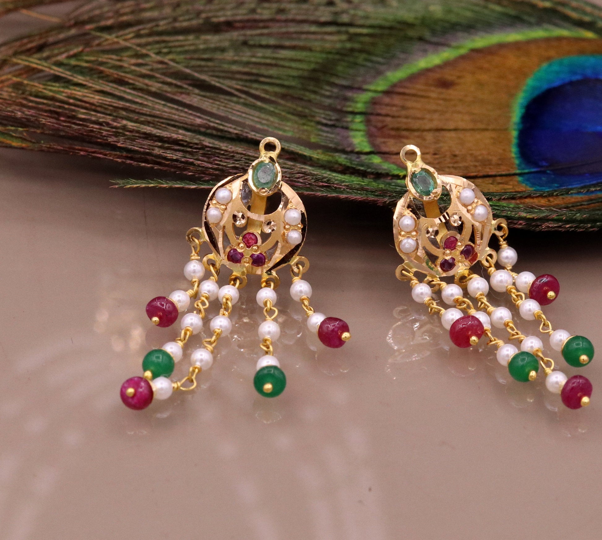 Vintage design handmade 22kt yellow gold fabulous necklace set with amazing hanging color beads, wedding party tribal jewelry india - TRIBAL ORNAMENTS