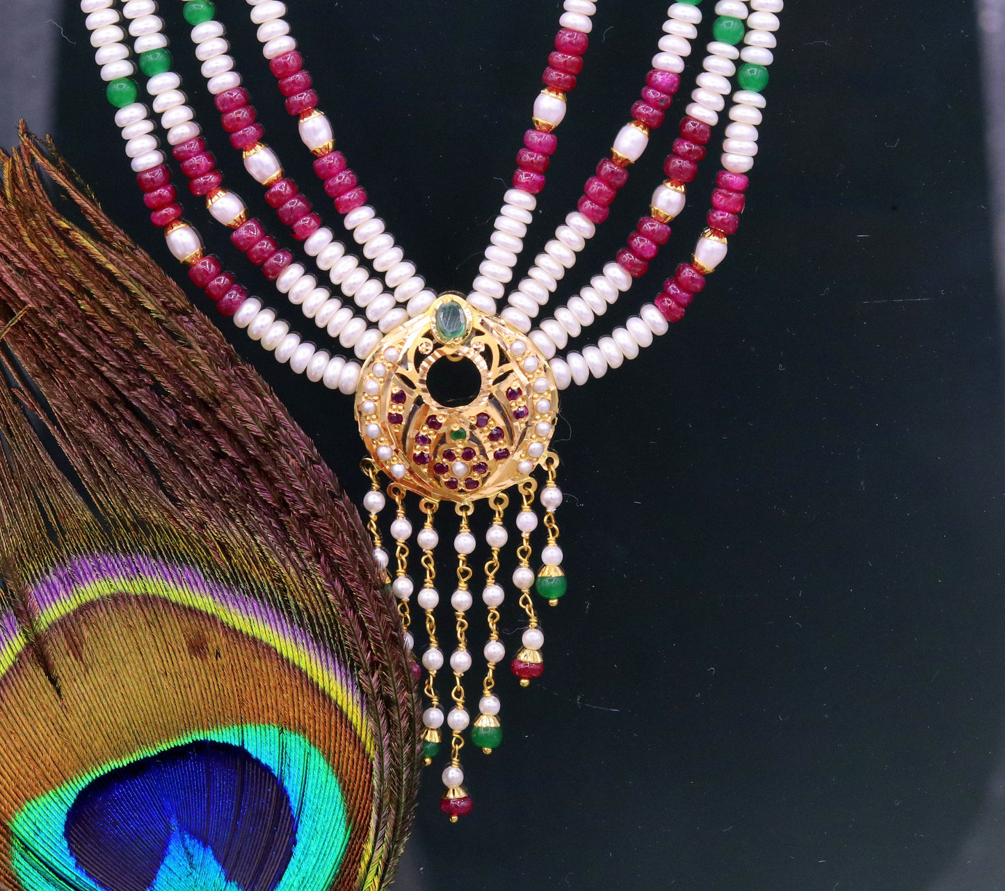 Vintage design handmade 22kt yellow gold fabulous necklace set with amazing hanging color beads, wedding party tribal jewelry india - TRIBAL ORNAMENTS