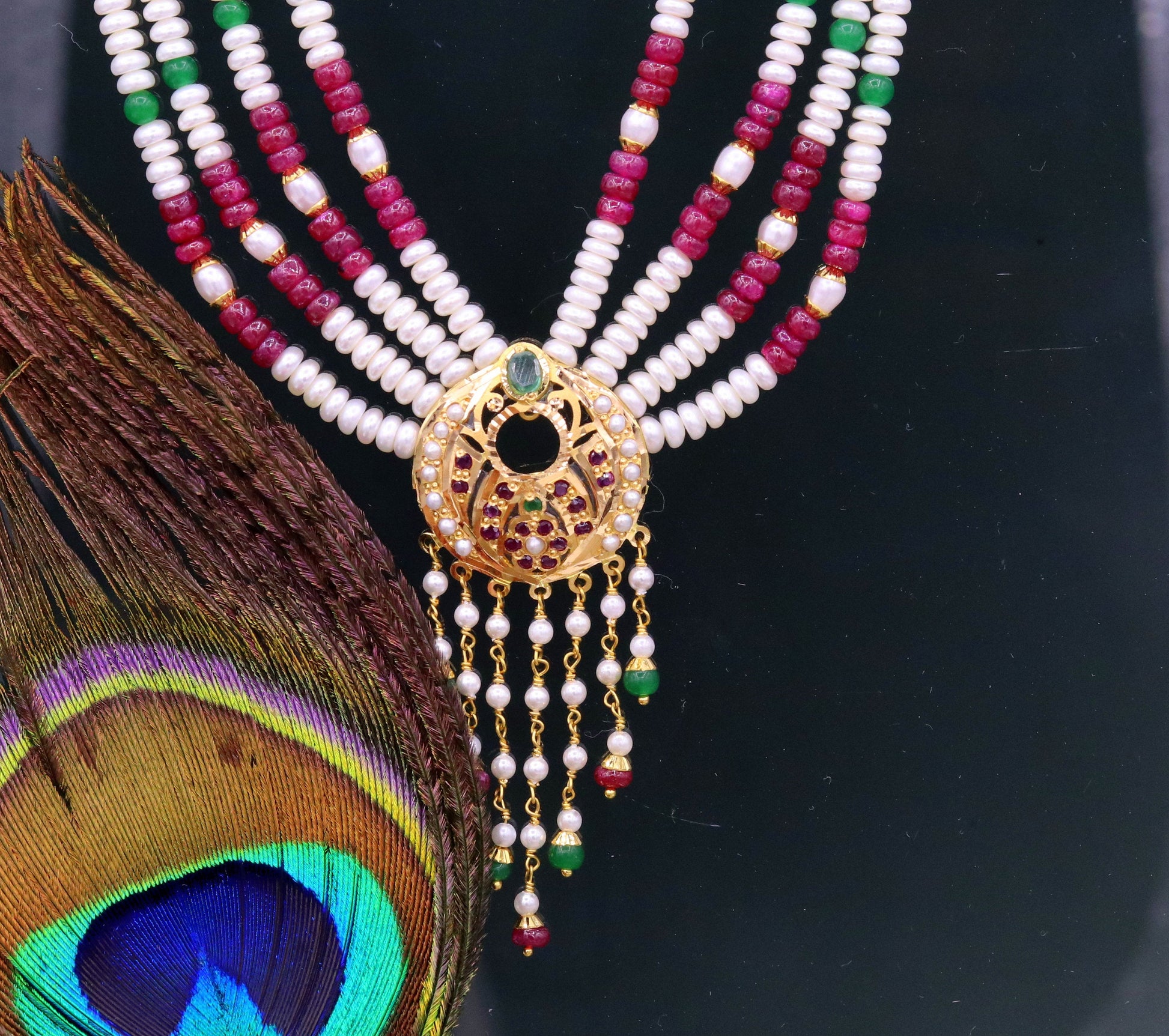 Vintage design handmade 22kt yellow gold fabulous necklace set with amazing hanging color beads, wedding party tribal jewelry india - TRIBAL ORNAMENTS