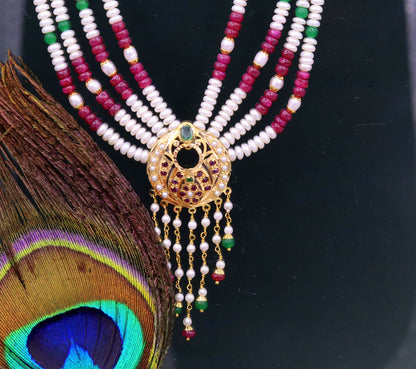 Vintage design handmade 22kt yellow gold fabulous necklace set with amazing hanging color beads, wedding party tribal jewelry india - TRIBAL ORNAMENTS