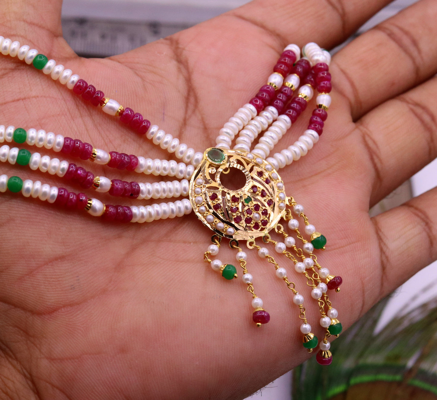 Vintage design handmade 22kt yellow gold fabulous necklace set with amazing hanging color beads, wedding party tribal jewelry india - TRIBAL ORNAMENTS