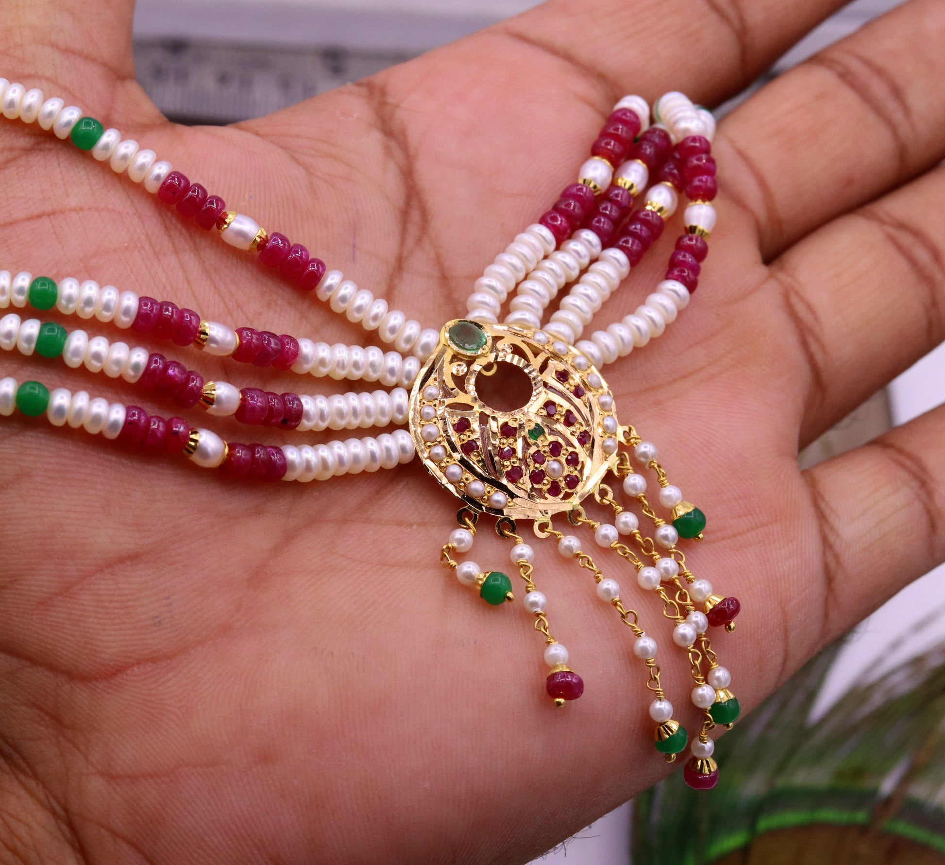Vintage design handmade 22kt yellow gold fabulous necklace set with amazing hanging color beads, wedding party tribal jewelry india - TRIBAL ORNAMENTS
