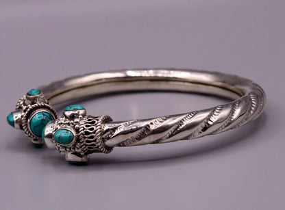 Vintage design 925 sterling silver turquoise stone jadau bangle bracelet, unisex, handcrafted tribal jewelry from India.