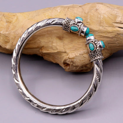 Vintage 925 sterling silver turquoise stone jadau bangle bracelet with intricate tribal design, unisex customized jewelry from India.