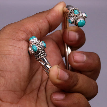 Vintage 925 sterling silver turquoise stone jadau bangle bracelet with intricate tribal design from TRIBAL ORNAMENTS.