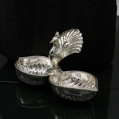 Vintage design handmade 925 sterling silver gorgeous peacock style tilak combo bowl, tilak patra, puja utensils, temple article su178 - TRIBAL ORNAMENTS