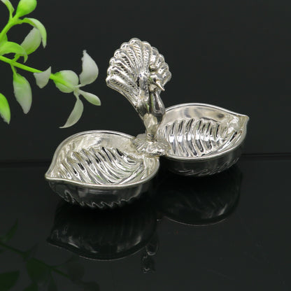 Vintage design handmade 925 sterling silver gorgeous peacock style tilak combo bowl, tilak patra, puja utensils, temple article su178 - TRIBAL ORNAMENTS