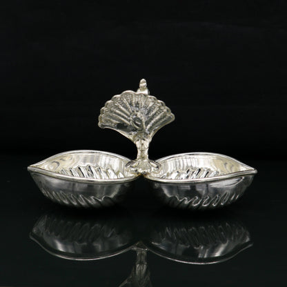 Vintage design handmade 925 sterling silver gorgeous peacock style tilak combo bowl, tilak patra, puja utensils, temple article su178 - TRIBAL ORNAMENTS