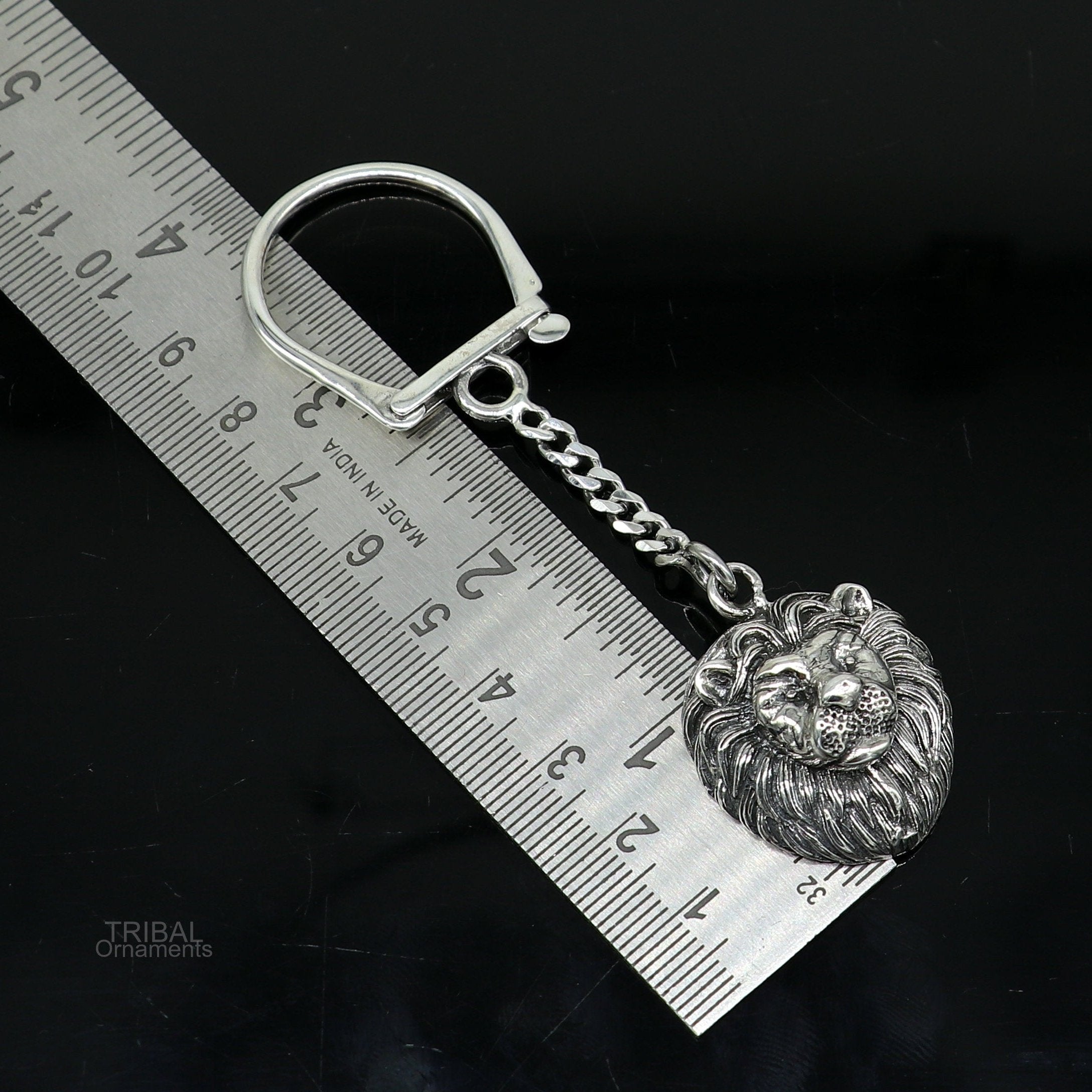 Vintage design handmade 925 sterling silver key chain, silver lion