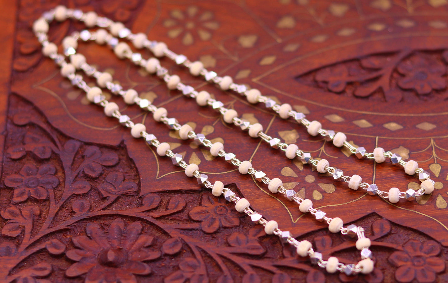 Vintage design handmade Sterling silver chain necklace fabulous Basil Rosary beads solid silver chain for meditation ch59 - TRIBAL ORNAMENTS