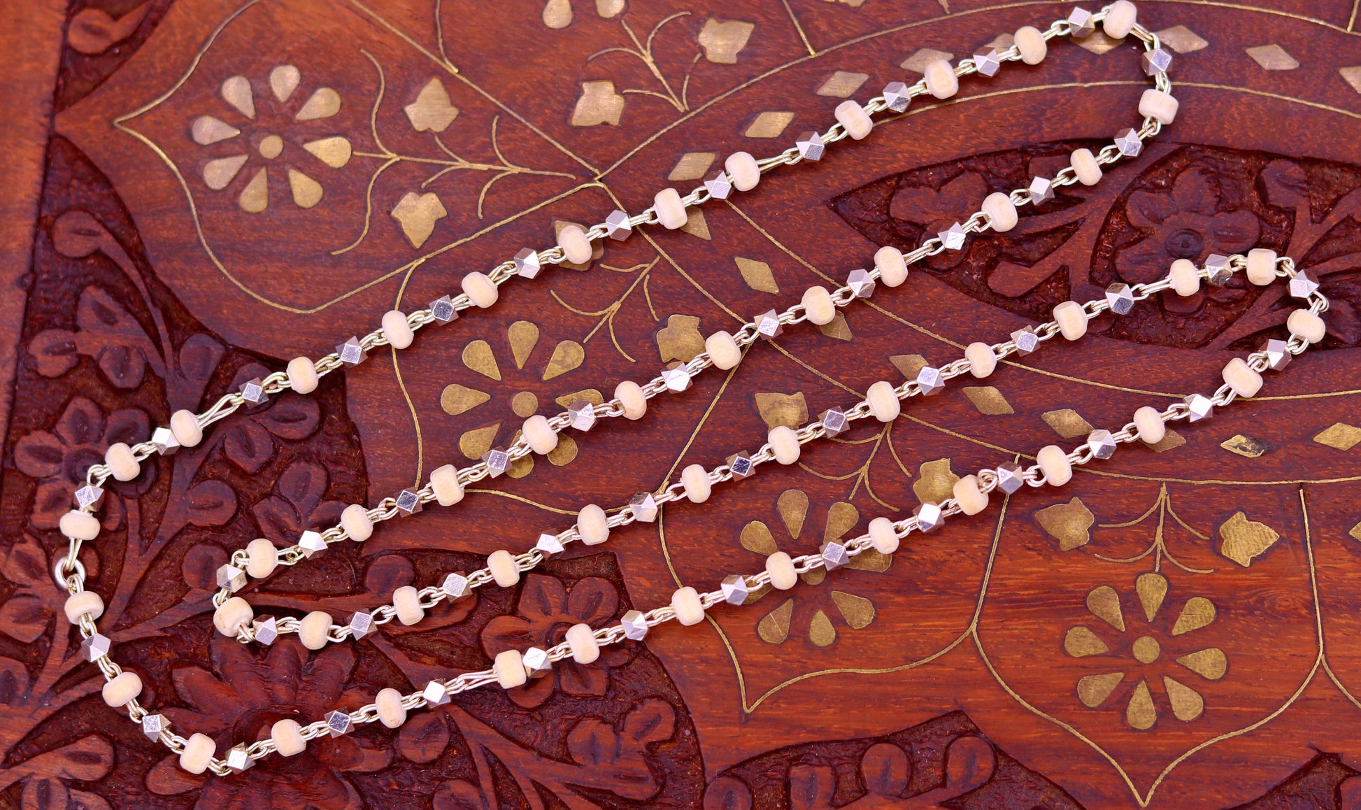 Vintage design handmade Sterling silver chain necklace fabulous Basil Rosary beads solid silver chain for meditation ch59 - TRIBAL ORNAMENTS