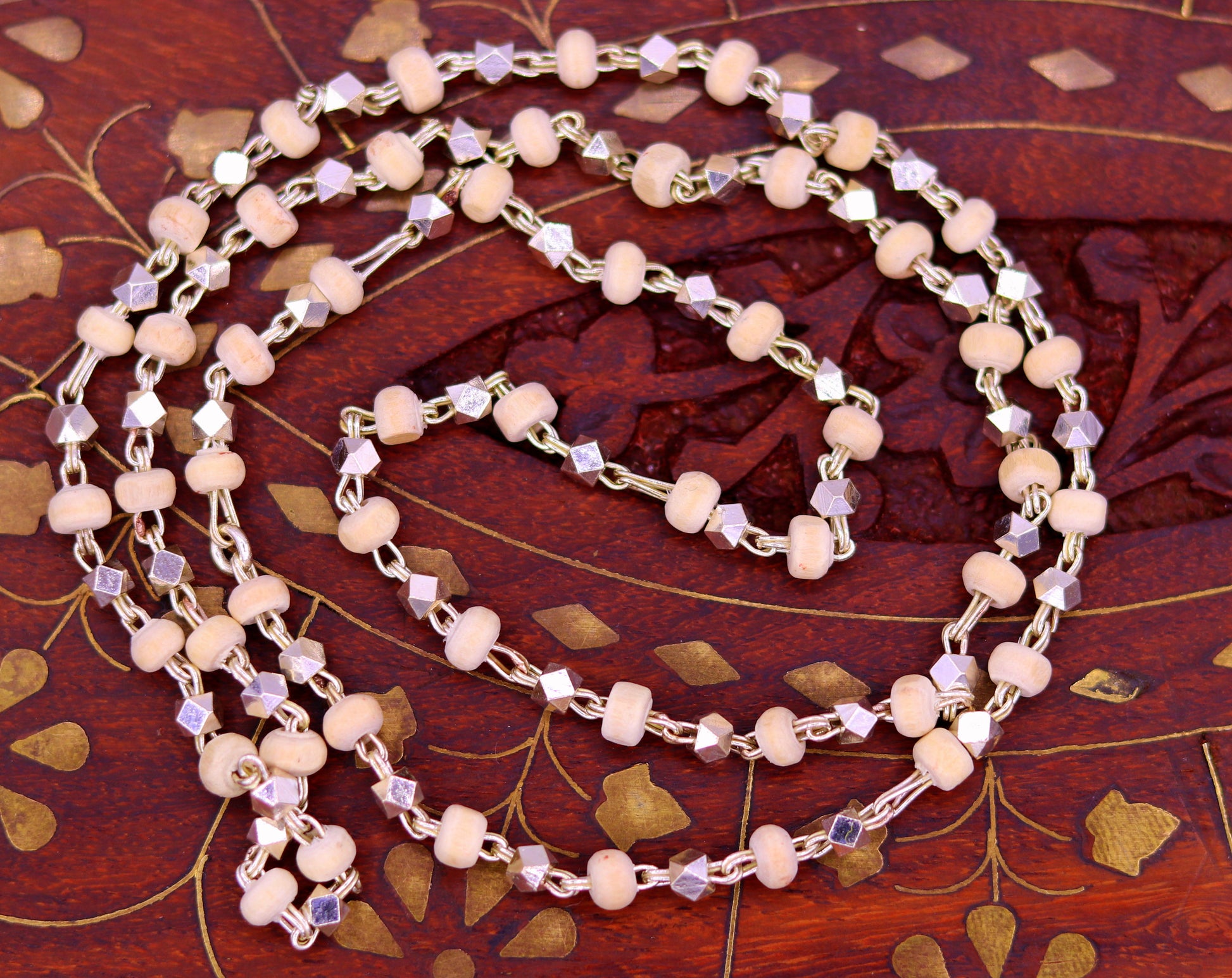 Vintage design handmade Sterling silver chain necklace fabulous Basil Rosary beads solid silver chain for meditation ch59 - TRIBAL ORNAMENTS