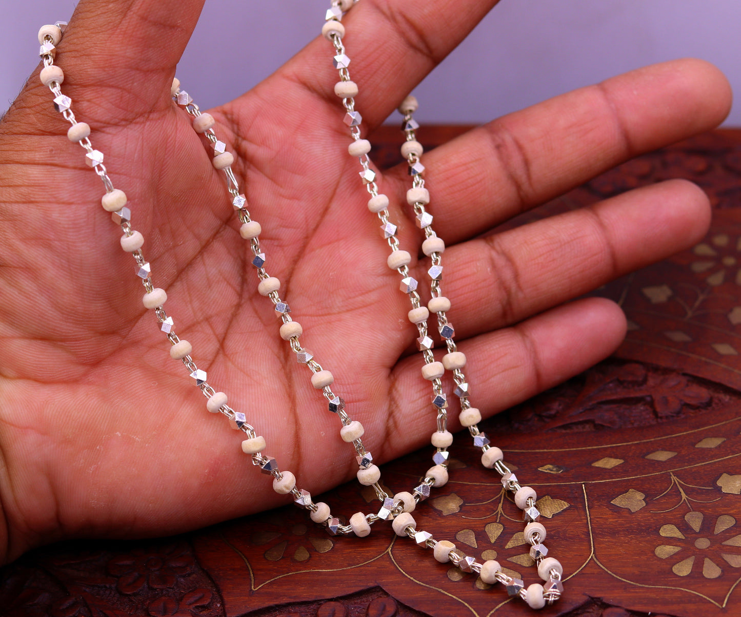 Vintage design handmade Sterling silver chain necklace fabulous Basil Rosary beads solid silver chain for meditation ch59 - TRIBAL ORNAMENTS