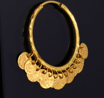 Vintage handmade 22KT yellow gold hoop earrings by TRIBAL ORNAMENTS, traditional tribal jewelry from Rajasthan, India.