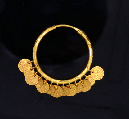 Vintage handmade 22KT yellow gold hoop earrings by TRIBAL ORNAMENTS, traditional Rajasthan tribal jewelry for women.
