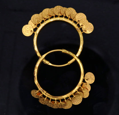 Vintage handmade 22KT yellow gold hoop earrings by TRIBAL ORNAMENTS, traditional Rajasthan tribal jewelry for women.