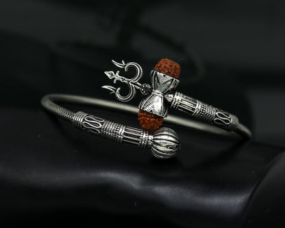 Vintage design pure 925 silver fabulous customized lord shiva bangle bracelet, excellent trident trishul rudraksha unisex jewelry nsk344 - TRIBAL ORNAMENTS