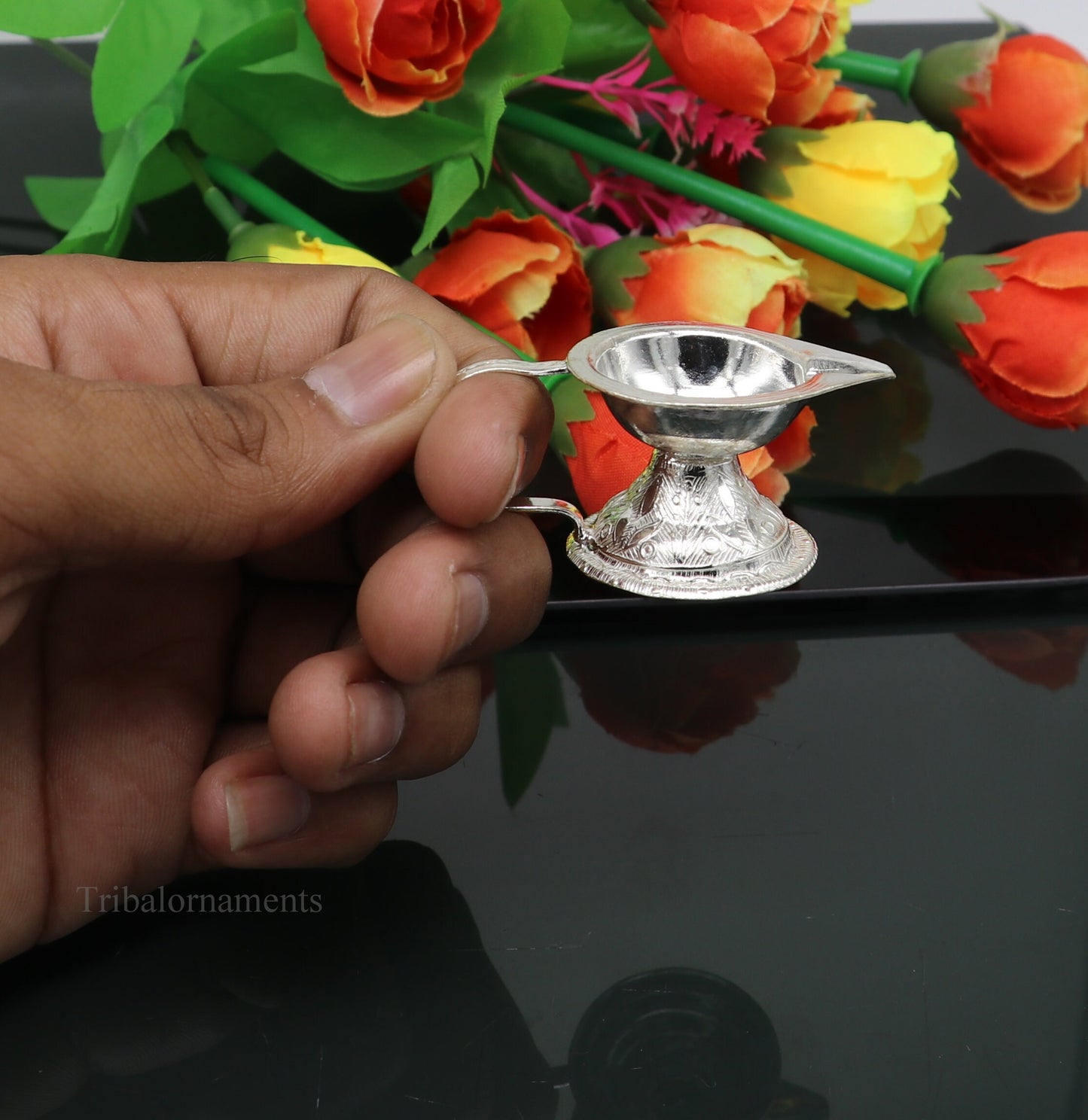 Vintage design Solid silver handmade kappor dani , silver temple utensils, silver diya, deepak, silver single joth kapoor Aarti art su412 - TRIBAL ORNAMENTS