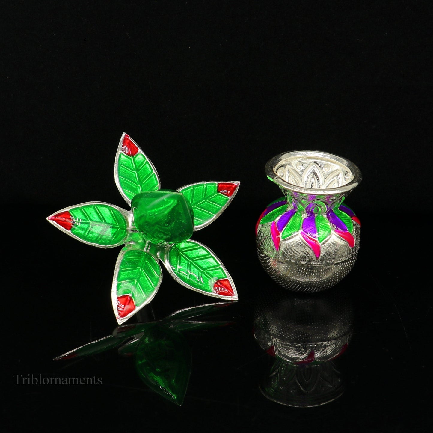 Vintage design Solid sterling silver handmade puja kalash silver coconuts and leaf, excellent home temple article worshipping articles su460 - TRIBAL ORNAMENTS