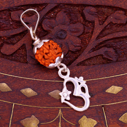 Sterling silver Aum mantra pendant with natural rudraksha beads, lightweight unisex jewelry for spiritual gifting.