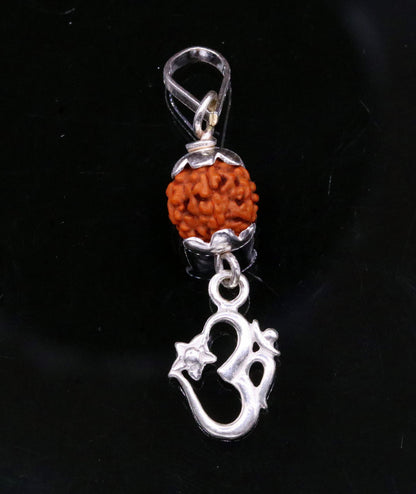 Sterling silver Aum mantra pendant with natural Rudraksha beads, lightweight unisex jewelry, crafted by TRIBAL ORNAMENTS.