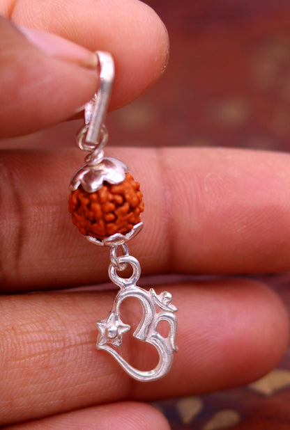 Sterling silver Aum mantra pendant with natural rudraksha beads, lightweight unisex jewelry, tribal ornaments design.