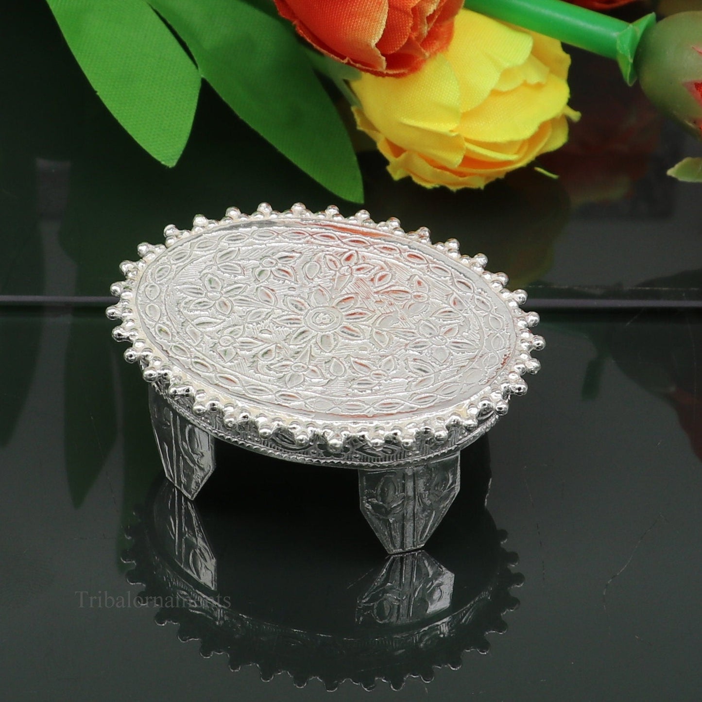 Vintage sterling silver handmade small oval table/bazot for puja, featuring tribal design and temple art by TRIBAL ORNAMENTS.
