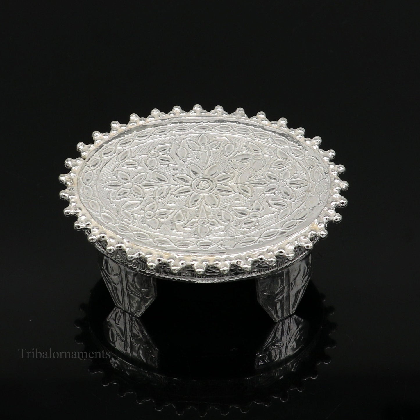 Vintage sterling silver handmade small oval table/bazot for puja, tribal ornaments temple art, customizable home puja utensil.