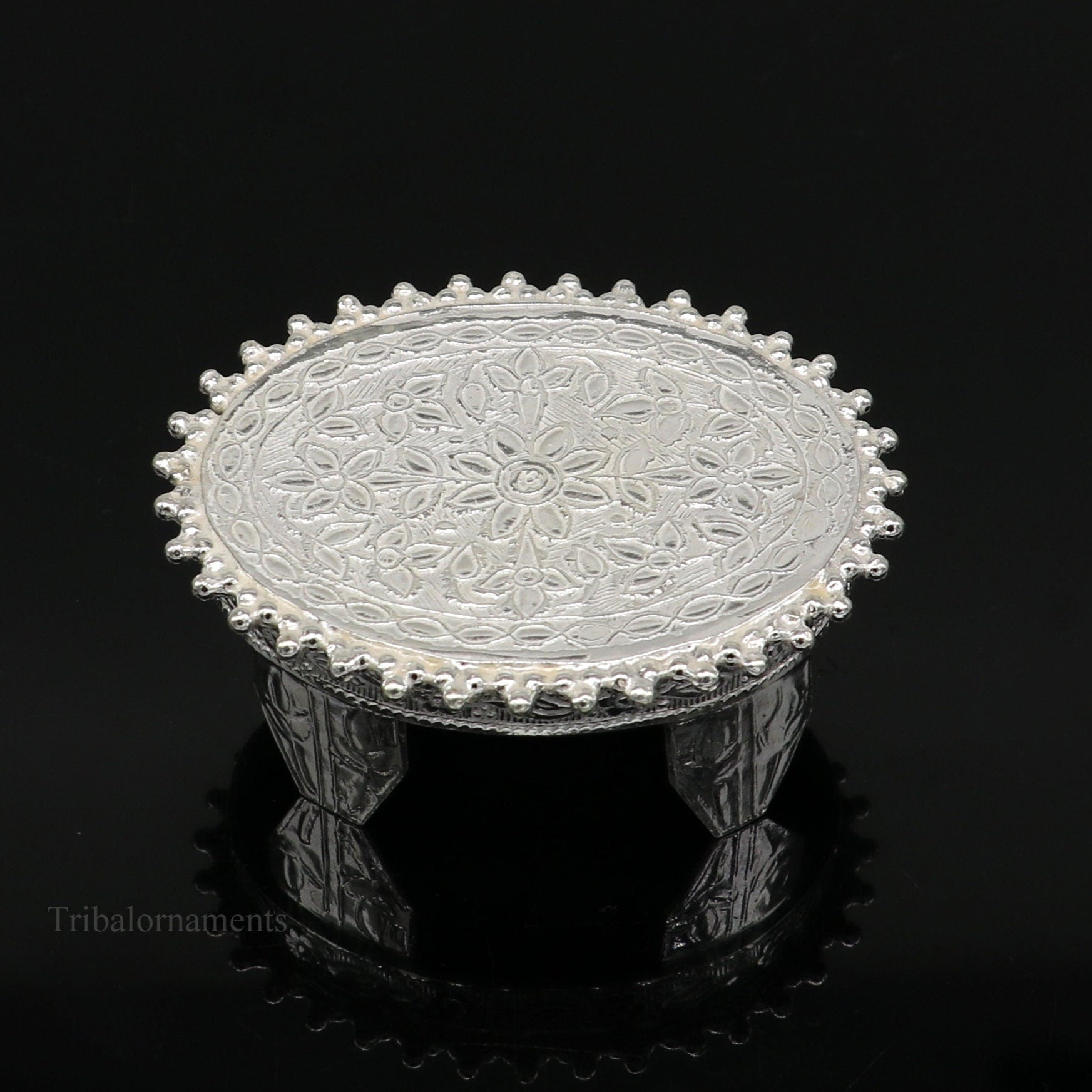 Vintage sterling silver handmade small oval table/bazot for puja, tribal ornaments temple art, customizable home puja utensil.