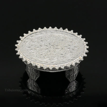 Vintage sterling silver handmade small oval table/bazot for puja, tribal ornaments temple art, customizable home puja utensil.
