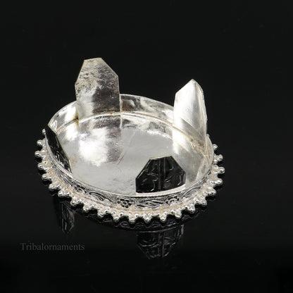 Vintage sterling silver handmade small oval table bazot or chouki, traditional home puja utensil with tribal design.