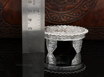 Vintage sterling silver handmade small oval table bazot for puja, temple art, and home altar from Tribal Ornaments.