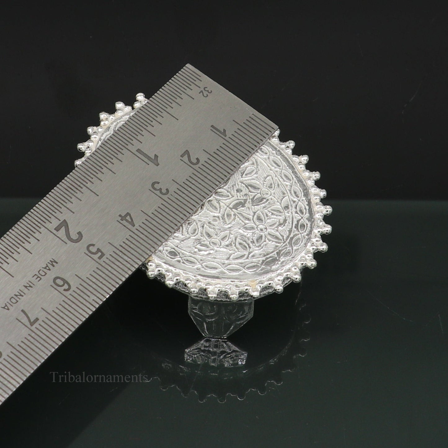 Vintage sterling silver handmade oval-shaped puja utensil for home temple, custom design by Tribal Ornaments.