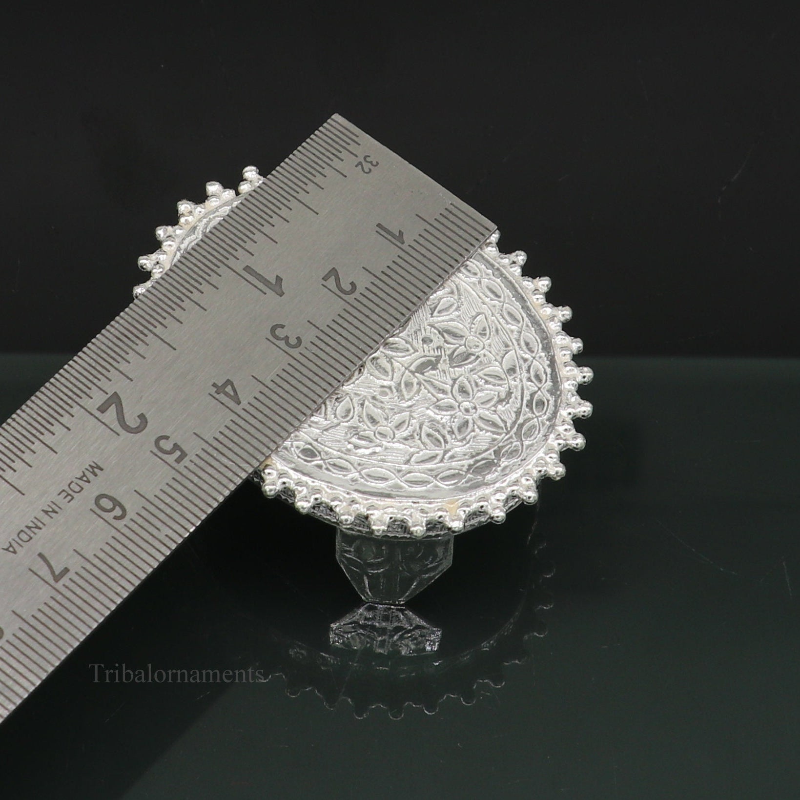Vintage sterling silver handmade oval-shaped puja utensil for home temple, custom design by Tribal Ornaments.