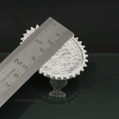 Vintage sterling silver handmade oval-shaped puja utensil for home temple, custom design by Tribal Ornaments.
