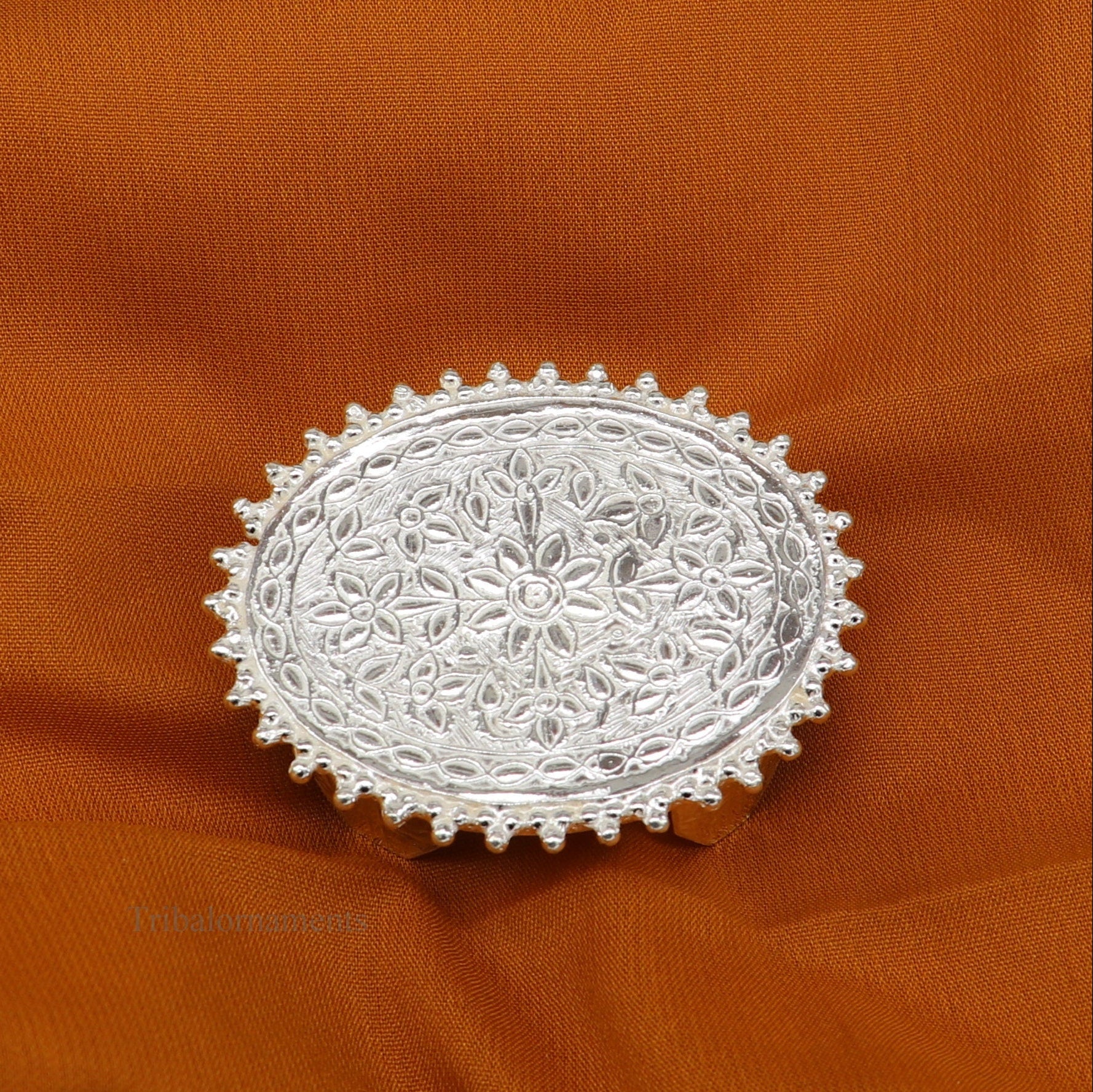 Sterling silver vintage-style oval table/bazot from Tribal Ornaments, handcrafted for home puja and temple decor.