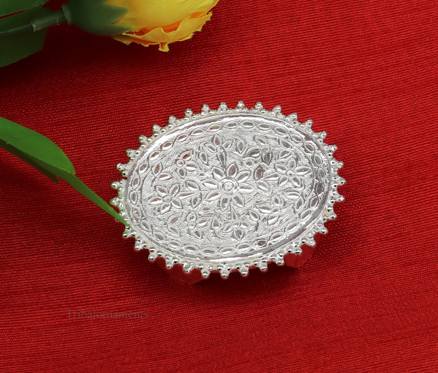 Vintage sterling silver handmade oval table bazot or chouki for puja, tribal ornaments home temple art, custom jewelry utensil.