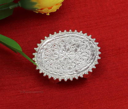 Vintage sterling silver handmade oval table bazot or chouki for puja, tribal ornaments home temple art, custom jewelry utensil.
