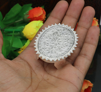 Vintage sterling silver handmade oval table bazot for puja, tribal ornaments home temple art, custom small silver puja utensil