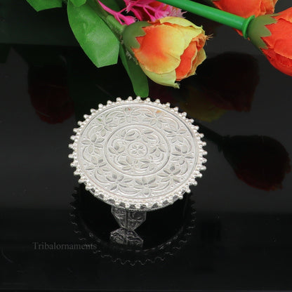 Vintage design Sterling silver handmade customize small round shape table/bazot/chouki, excellent home puja utensils temple art su429 - TRIBAL ORNAMENTS