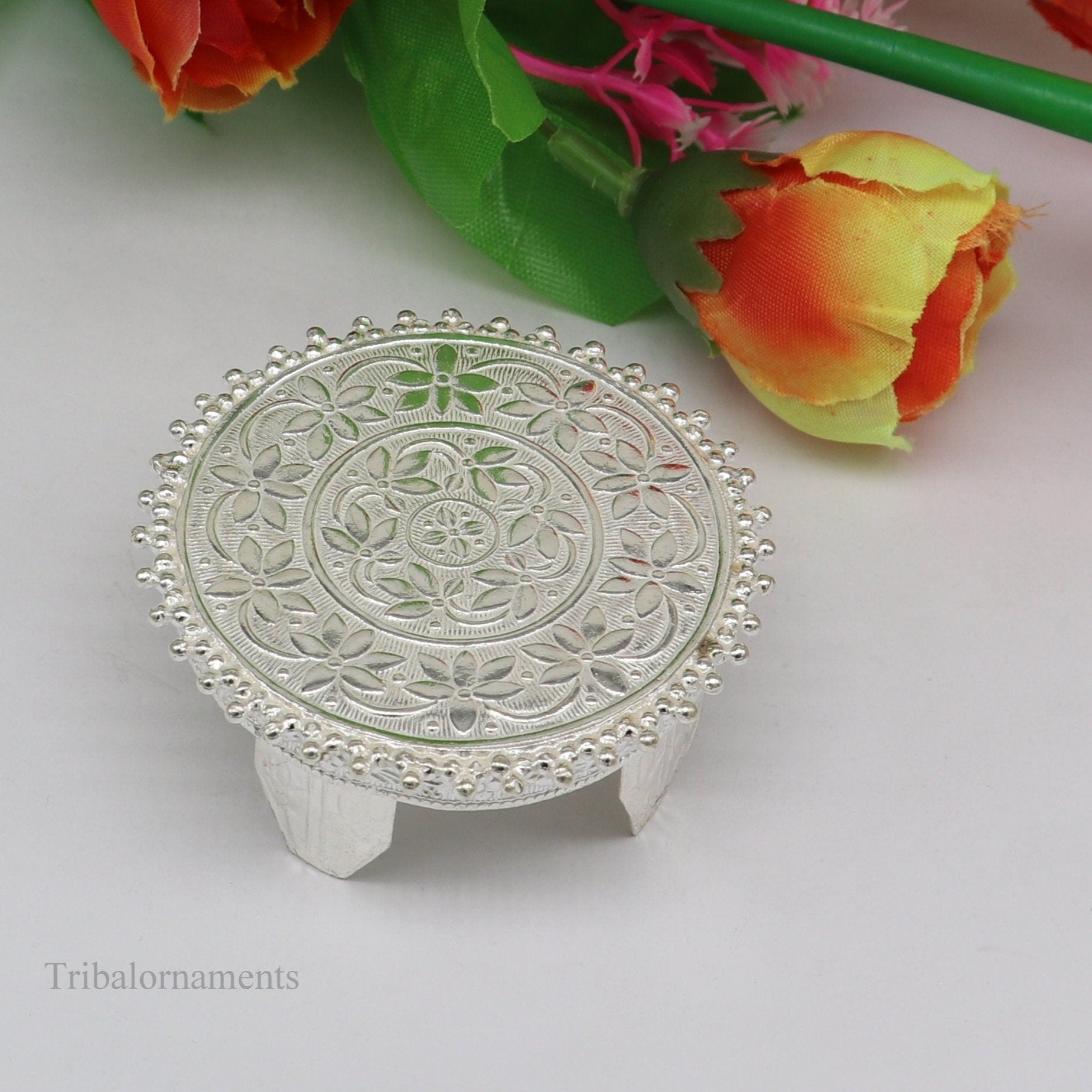 Vintage design Sterling silver handmade customize small round shape table/bazot/chouki, excellent home puja utensils temple art su429 - TRIBAL ORNAMENTS