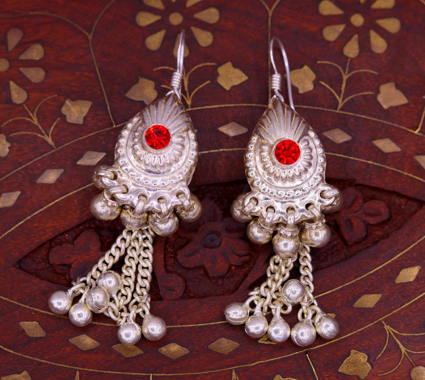 Vintage design sterling silver hoops earrings, fabulous stone and hanging noisy bells drop dangle earrings tribal jewelry from india s642 - TRIBAL ORNAMENTS
