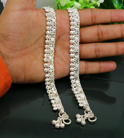 Vintage tribal sterling silver ankle bracelet with antique design, featuring genuine silver and intricate tribal-inspired details.