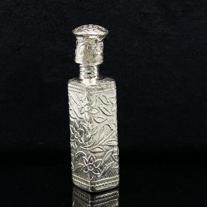 Vintage floral design sterling silver bridal trinket box by Tribal Ornaments, decorative container for sindur or kumkum.